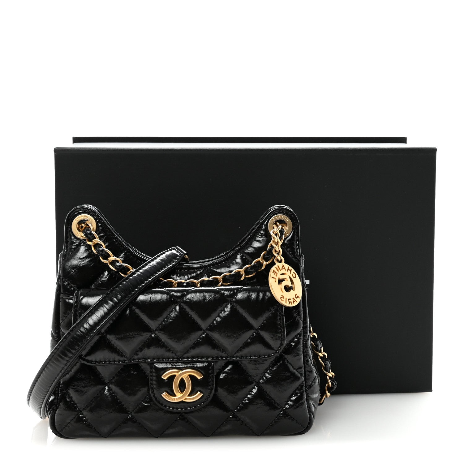 Chanel Shiny Crumpled Calfskin Quilted Small Wavy CC Hobo Black