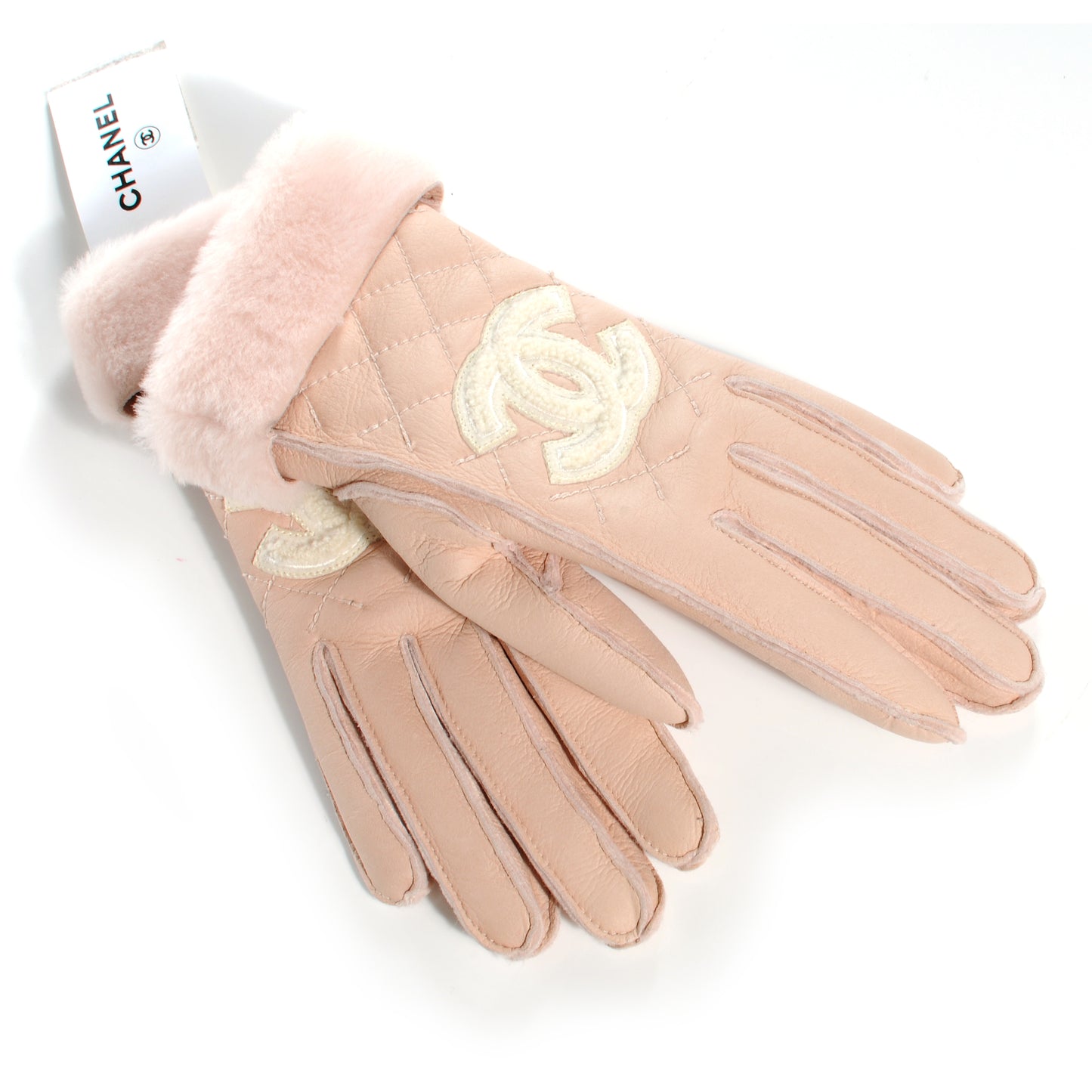 Leather Quilted CC Gloves 7.5 Light Pink