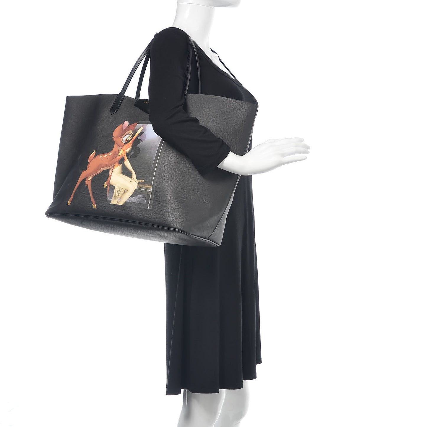 Textured Coated Canvas Bambi Print Large Antigona Tote Black