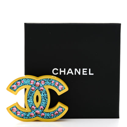 Chanel Resin Glitter Crystal CC Brooch Yellow Blue 5 of 5