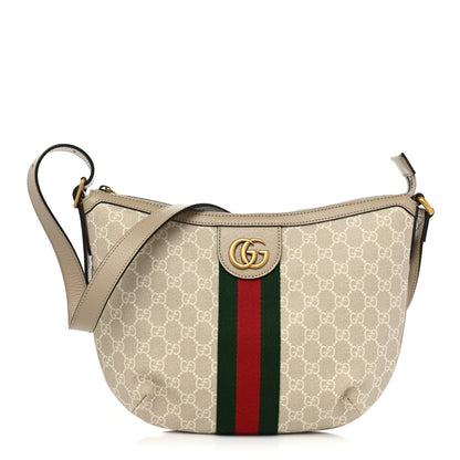 Gucci GG Supreme Monogram Textured Dollar Calfskin Web Small Ophidia Half Moon Hobo Beige Mystic White Oatmeal 1 of 11