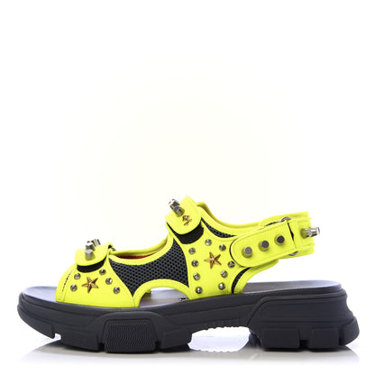 Gucci Technical Canvas Calfskin Studded Mens Aguru Sandals 10 Neon Yellow 1 of 8