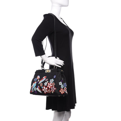 Fendi Denim Vitello Dolce QuTweet Beaded Medium Peekaboo Iconic Satchel Dark Blue Multicolor Black 2 of 14
