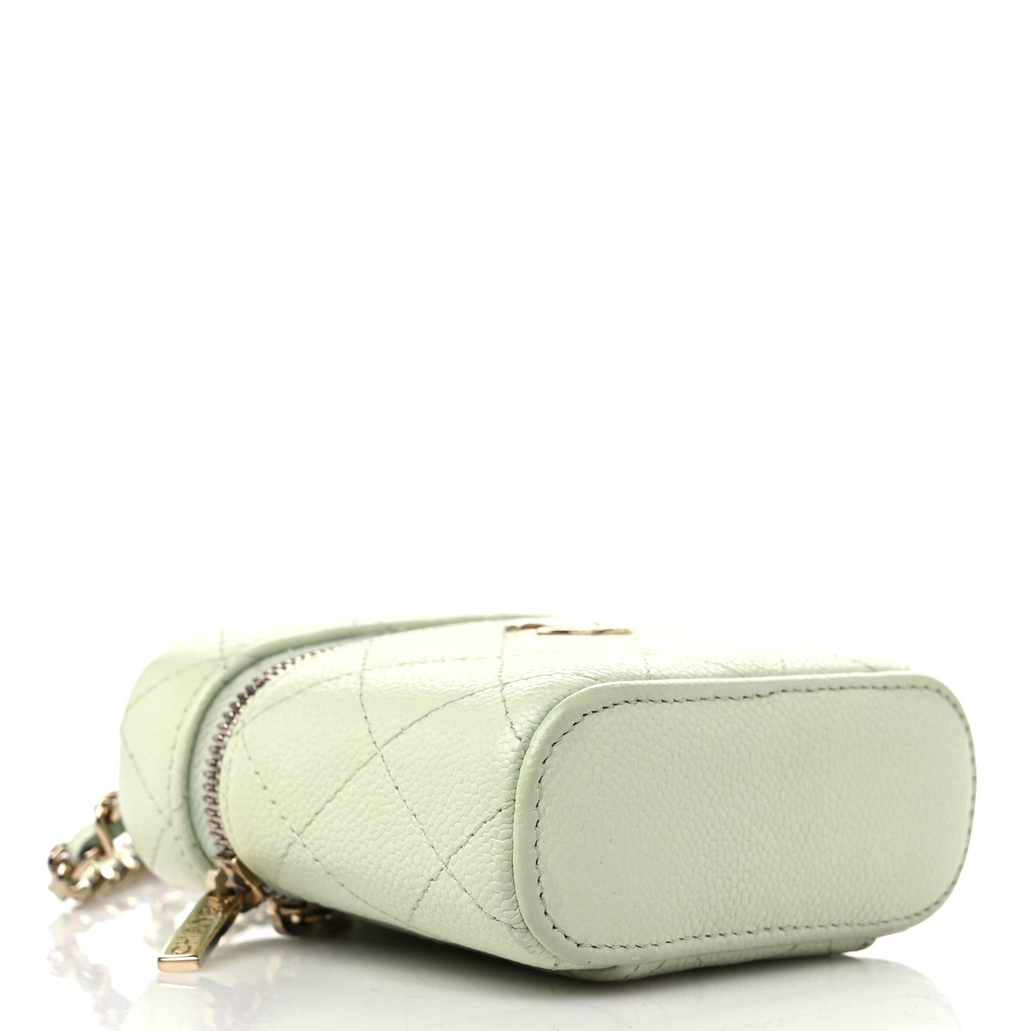 Caviar Quilted Small Handle With Care Vanity Case With Chain Light Green