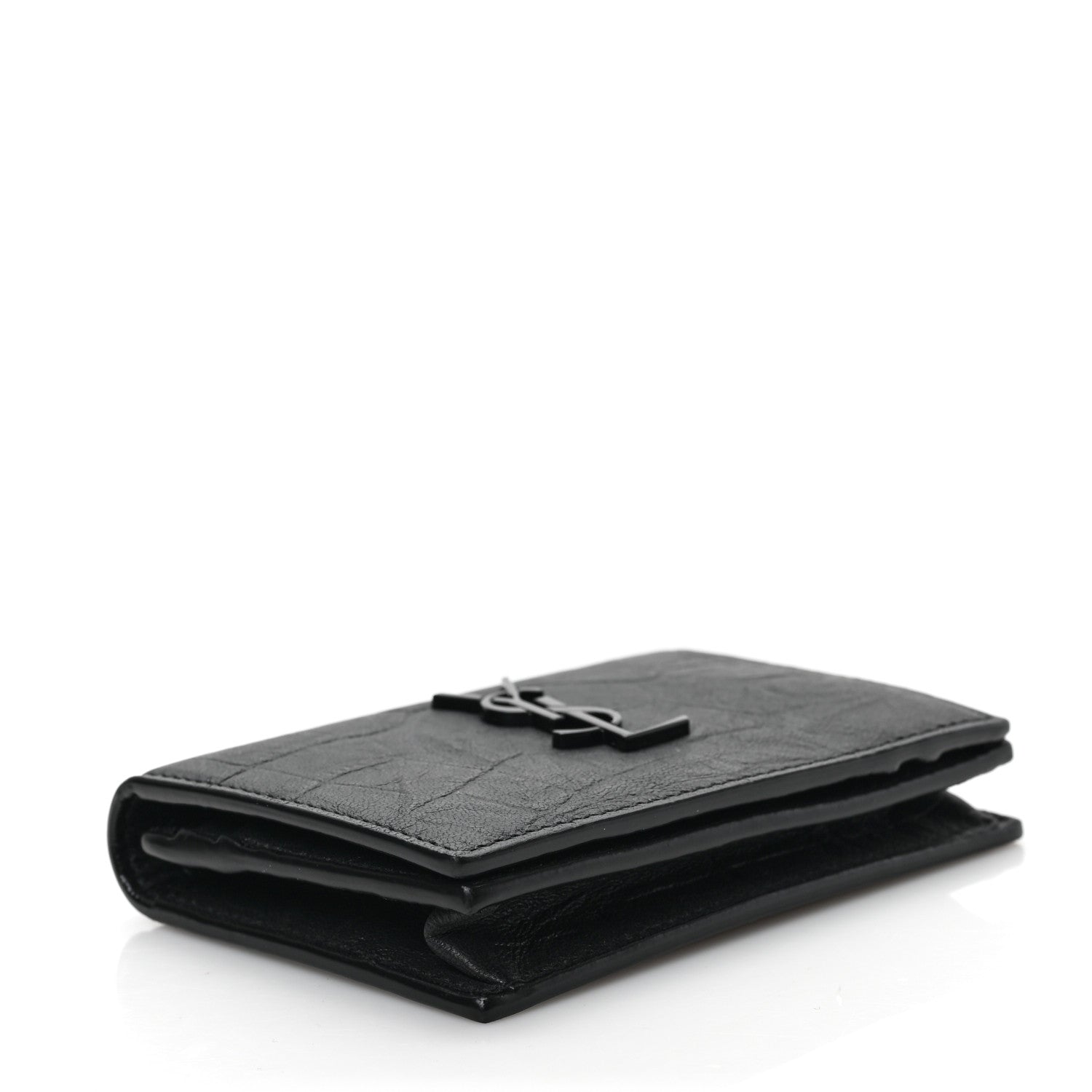 Saint Laurent Calfskin Crocodile Embossed Monogram Monochrome Business Card Holder Black 4 of 6