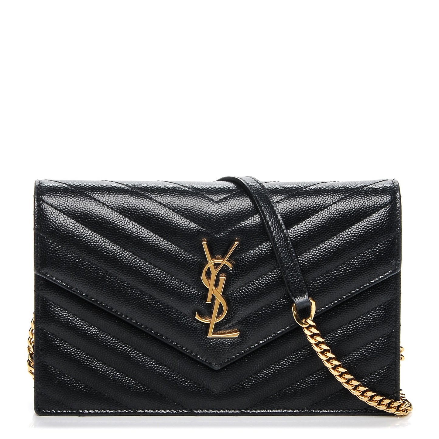 Grain De Poudre Matelasse Chevron Monogram Envelope Chain Wallet Black