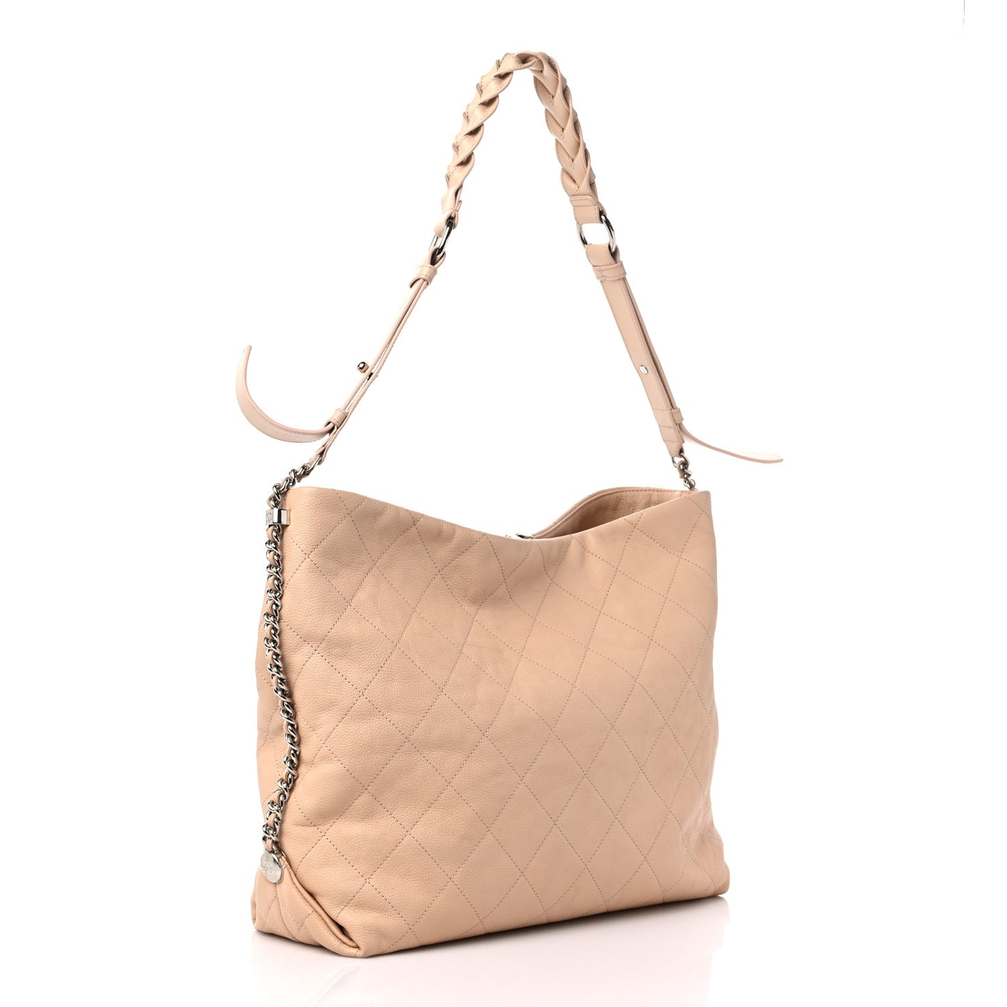 Grained Calfskin Stitched Medium Braided With Style Hobo Beige