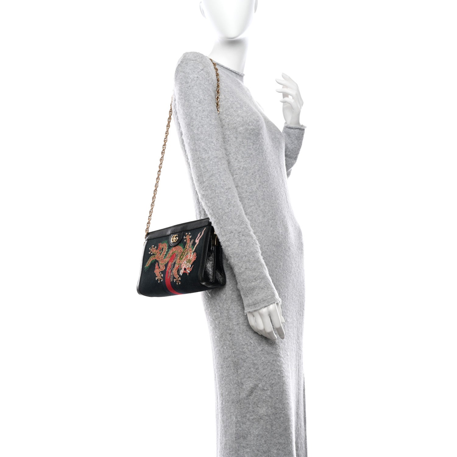 Gucci Suede Patent Web Dragon Embroidered Small Ophidia Chain Shoulder Bag Blue Black 2 of 11
