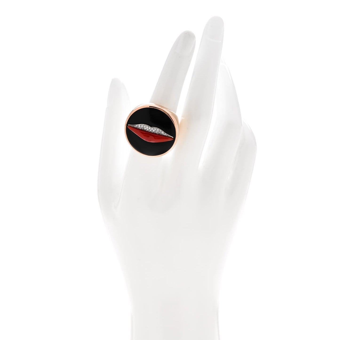 18K Rose Gold Diamond Jet Coral Enigma Lips Ring 56 7.5