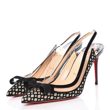 Christian Louboutin Glitter Floque Patent PVC Suspenodo Sling 85 Pumps 39 Platine Black 3 of 7