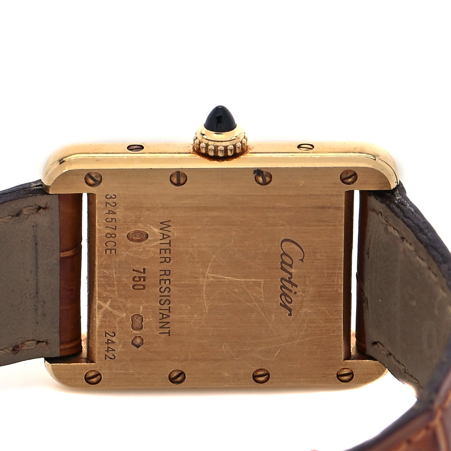 18K Yellow Gold Alligator 22mm Tank Louis Quartz Watch Brown