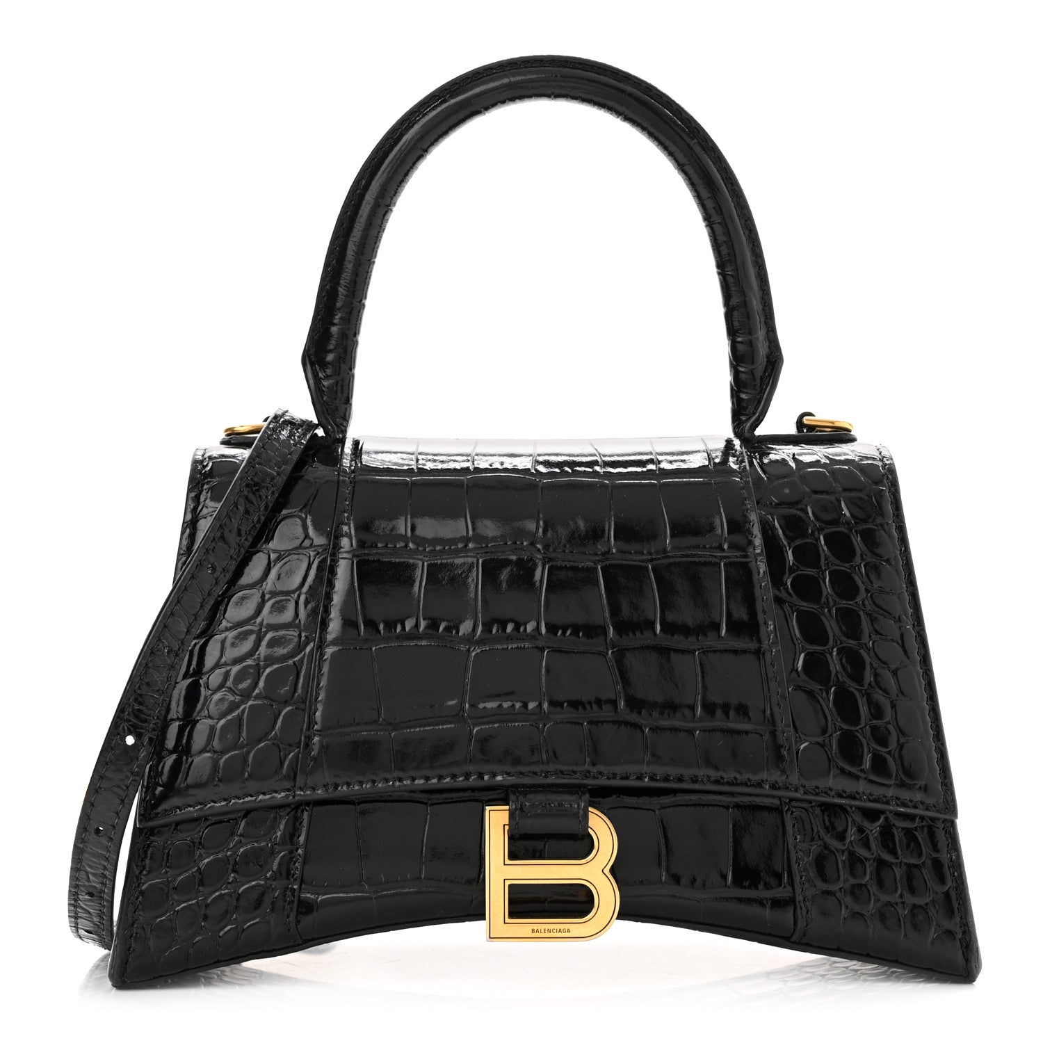 Balenciaga Shiny Calfskin Crocodile Embossed Small Hourglass Top Handle Bag Black 1 of 10