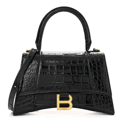 Balenciaga Shiny Calfskin Crocodile Embossed Small Hourglass Top Handle Bag Black 1 of 10