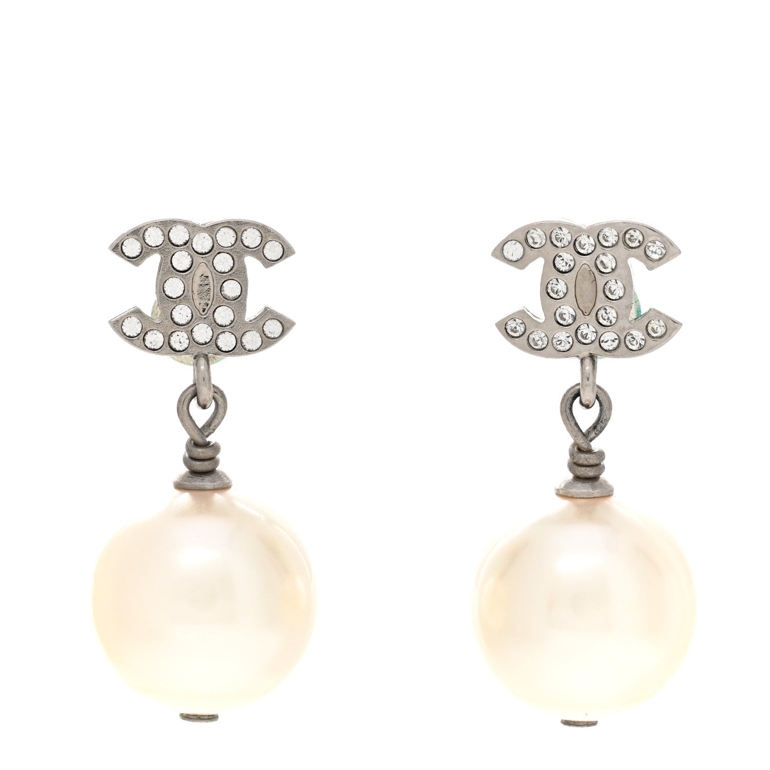 Chanel Crystal Pearl CC Drop Earrings Silver Pearly White 1 of 6