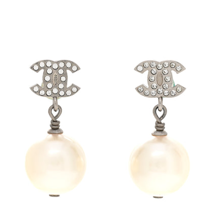 Chanel Crystal Pearl CC Drop Earrings Silver Pearly White 1 of 6
