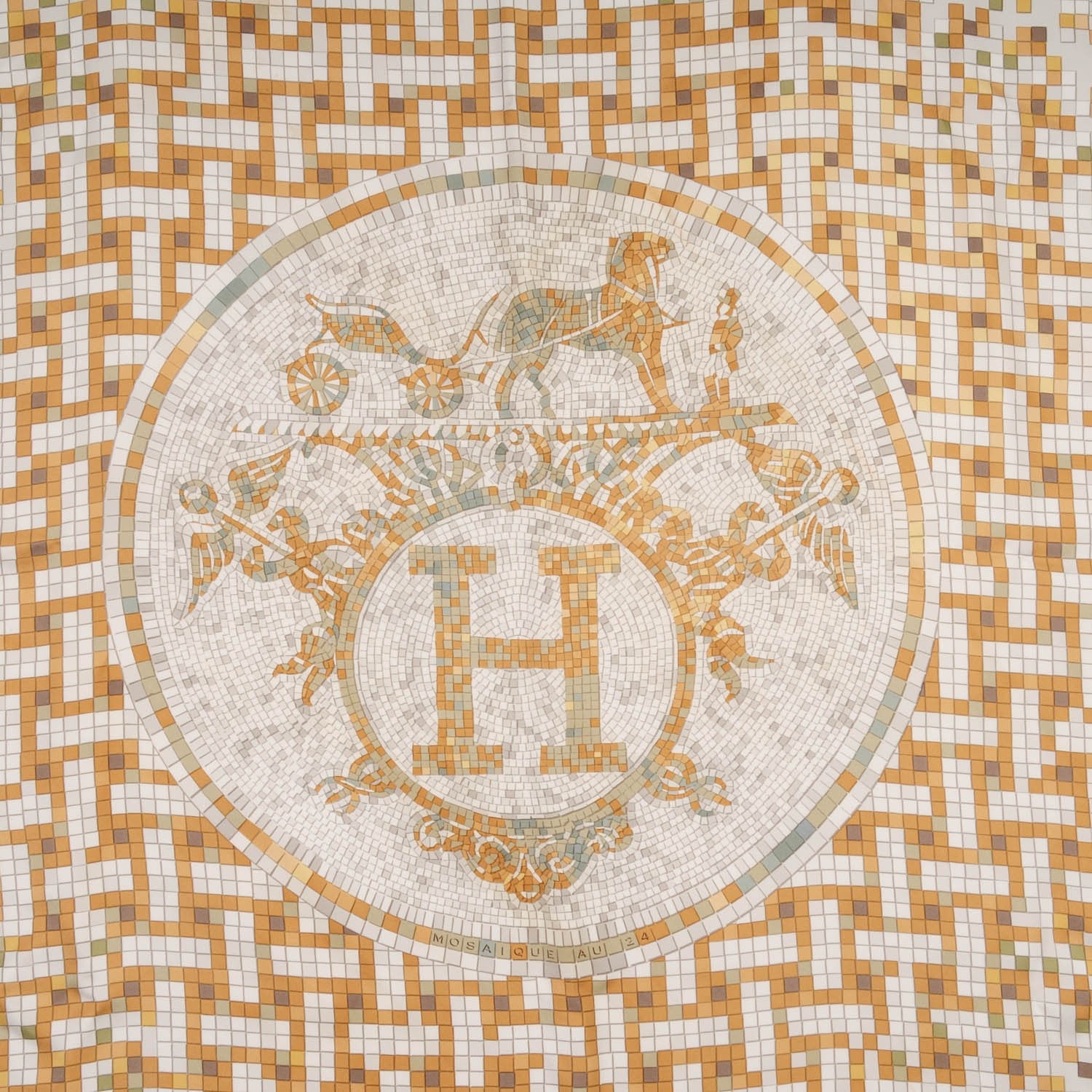 Hermes Silk Mosaique Au 24 Scarf 90 Gris Perle Tabac Blanc 1 of 6