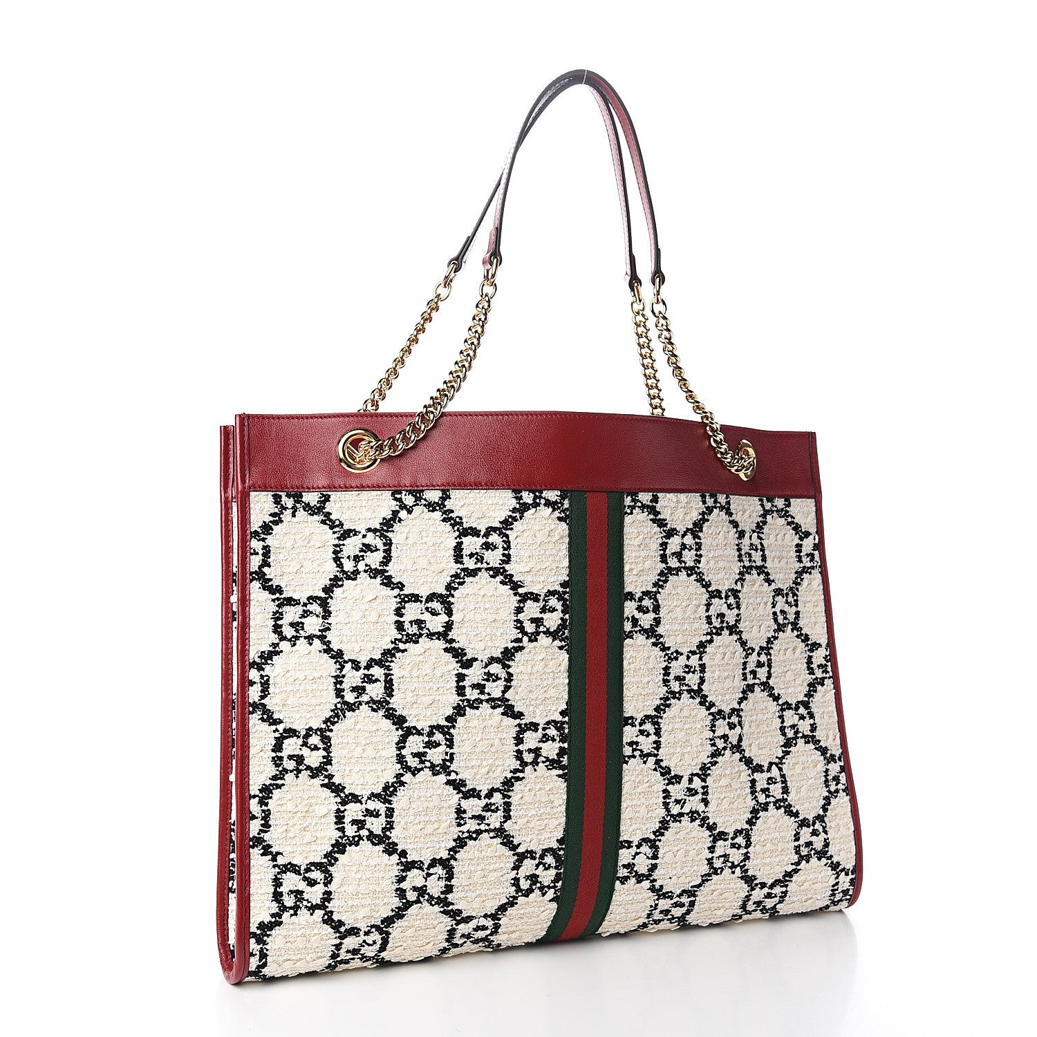 Gucci Tweed GG Monogram Large Rajah Chain Tote White Black Romantic Cherry 3 of 10