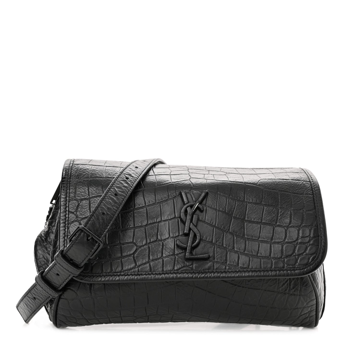 Crocodile Embossed Calfskin Matelasse Monogram Baby Niki Shoulder Belt Bag Black