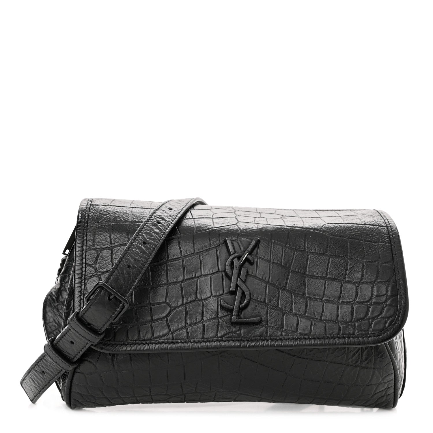Saint Laurent Crocodile Embossed Calfskin Matelasse Monogram Baby Niki Shoulder Belt Bag Black 1 of 12