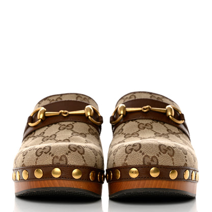 Gucci Monogram Goatskin Horsebit Clog Mules 36.5 Beige Ebony Brown Sugar 2 of 9