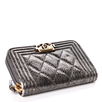 Chanel Cracked Metallic Calfskin Quilted Boy Zip Around Coin Purse Wallet Dark Silver 4 of 8