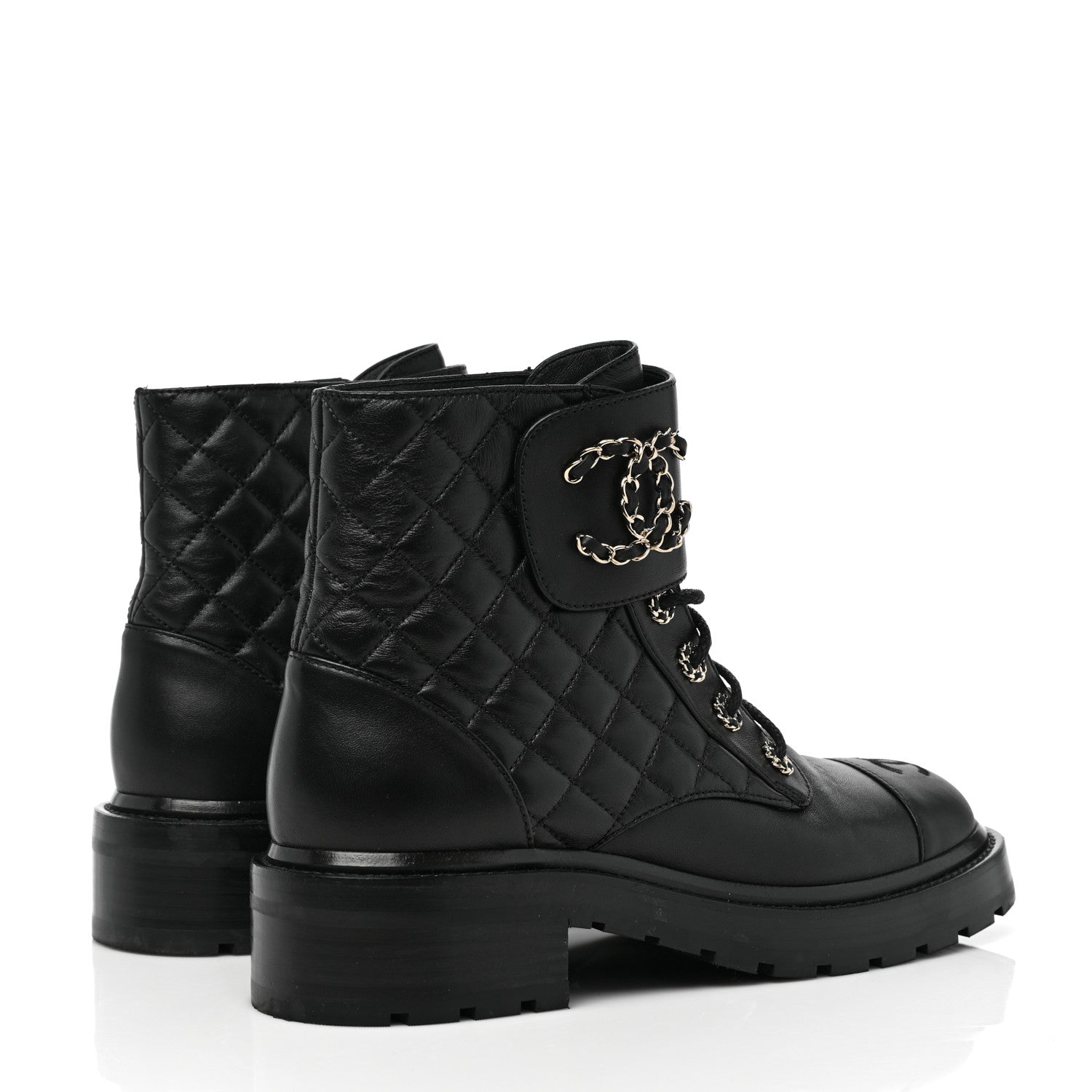 Chanel Shiny Goatskin Calfskin Quilted Lace Up Combat Boots 39 Black 4 of 9