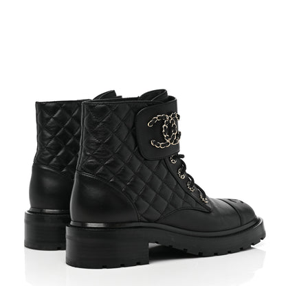 Chanel Shiny Goatskin Calfskin Quilted Lace Up Combat Boots 39 Black 4 of 9