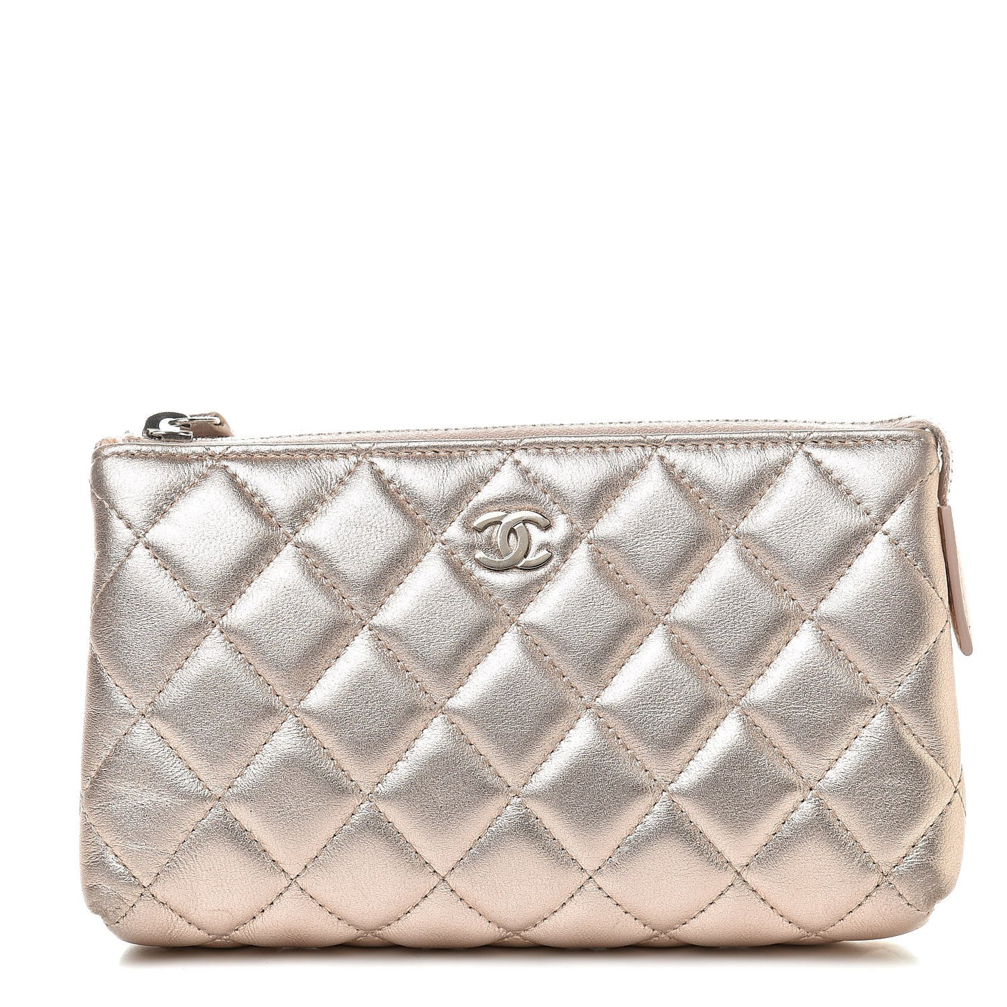 Metallic Lambskin Quilted Cosmetic Pouch Light Gold