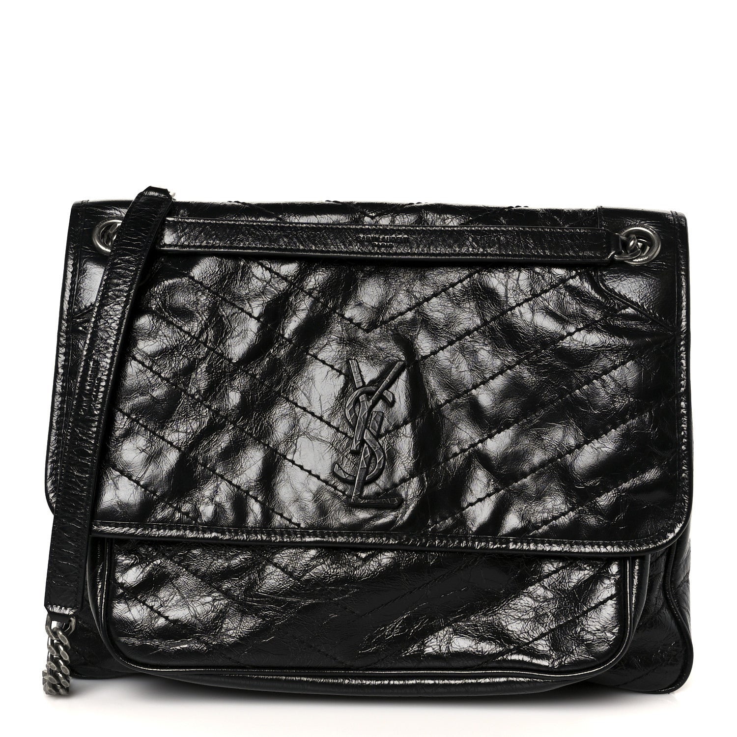 Saint Laurent Crinkled Calfskin Matelasse Monogram Large Niki Chain Satchel Black 1 of 12