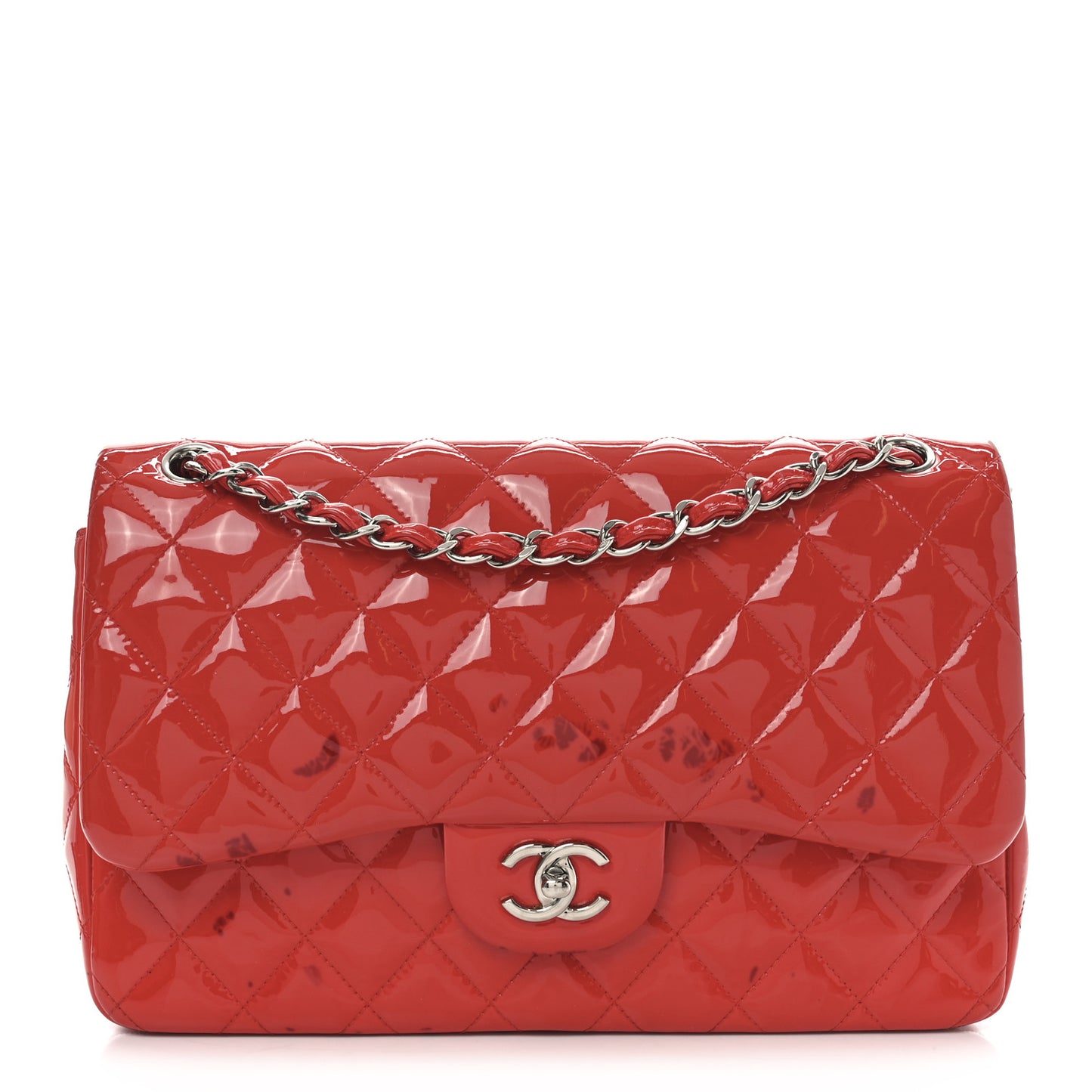 Patent Calfskin Quilted Medium Double Flap Red
