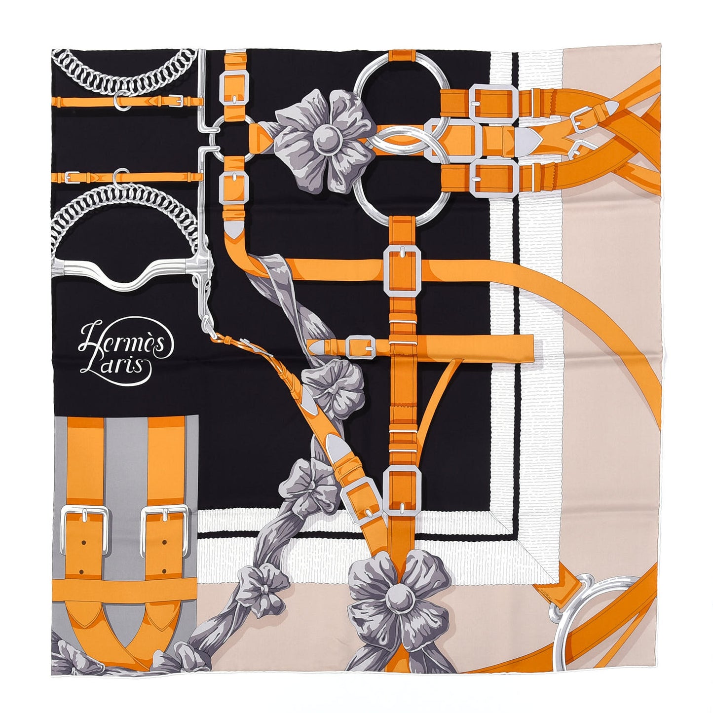 Silk Grand Manege Detail Scarf 90 Black Etoupe Caramel