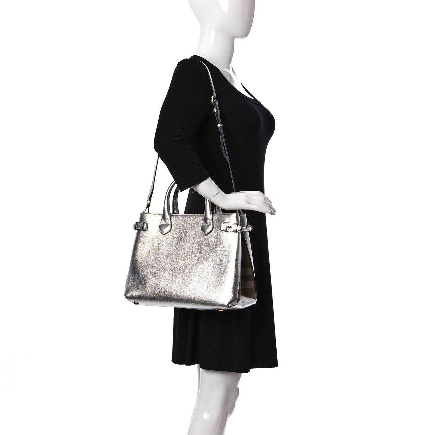 Metallic Grainy Calfskin House Check Medium Banner Tote Silver