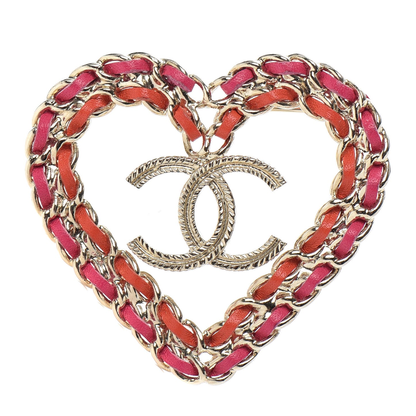 Metal Calfskin Braided Heart CC Brooch Pink Red Gold