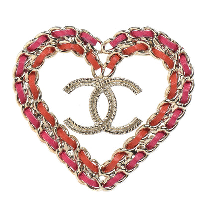 Chanel Metal Calfskin Braided Heart CC Brooch Pink Red Gold 1 of 4