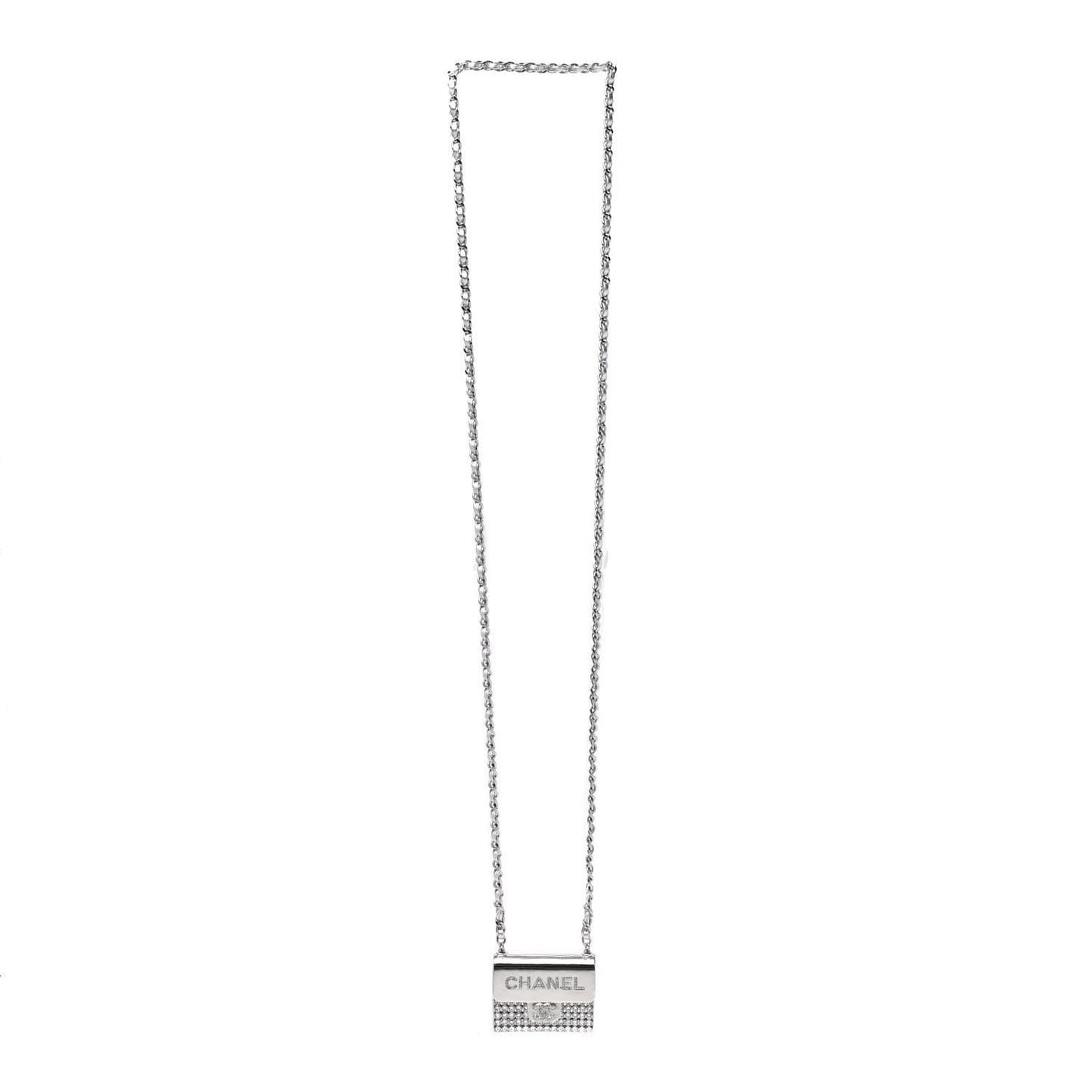 Metal Lambskin Strass Crystal Purse CC Long Necklace Silver