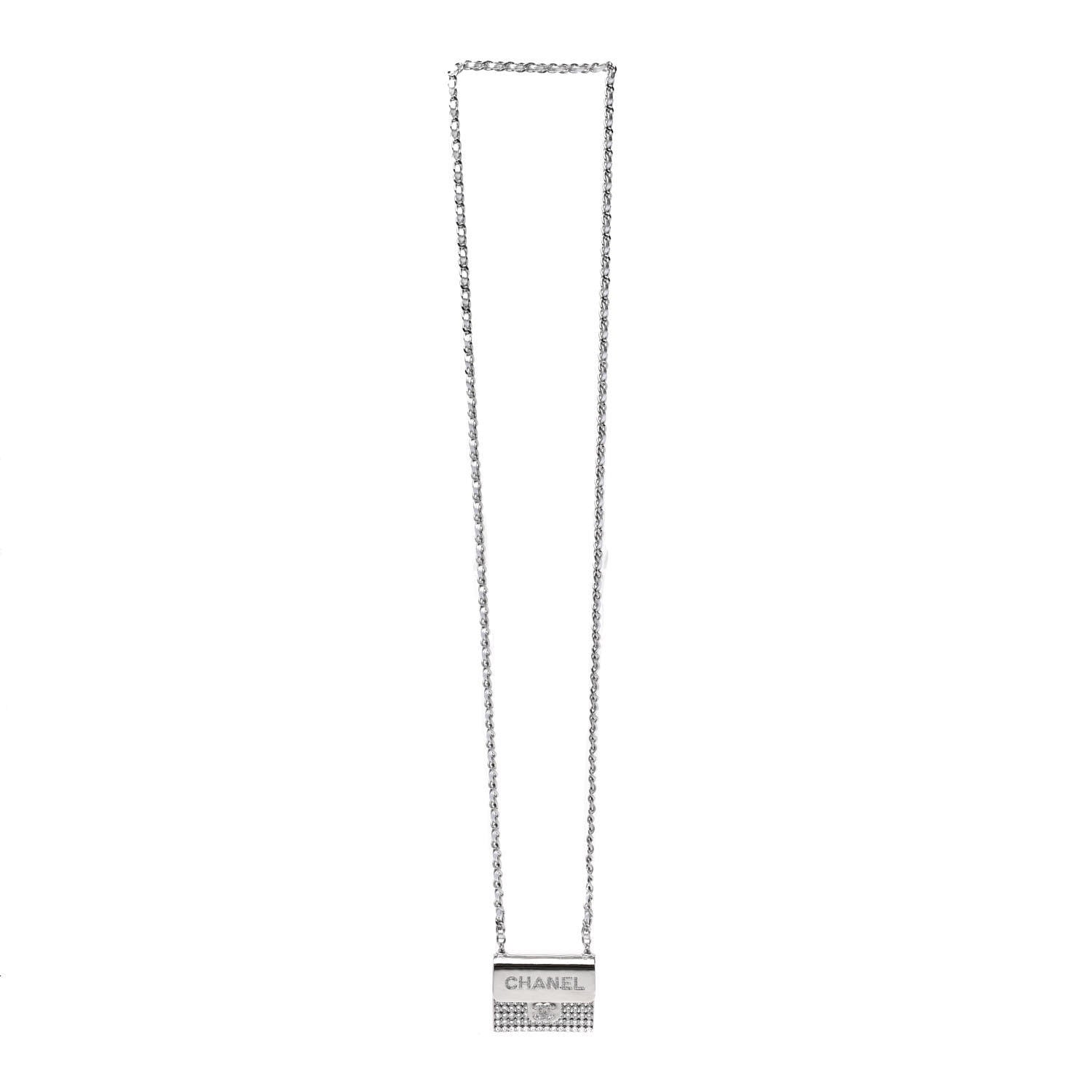 Chanel Metal Lambskin Strass Crystal Purse CC Long Necklace Silver 4 of 6