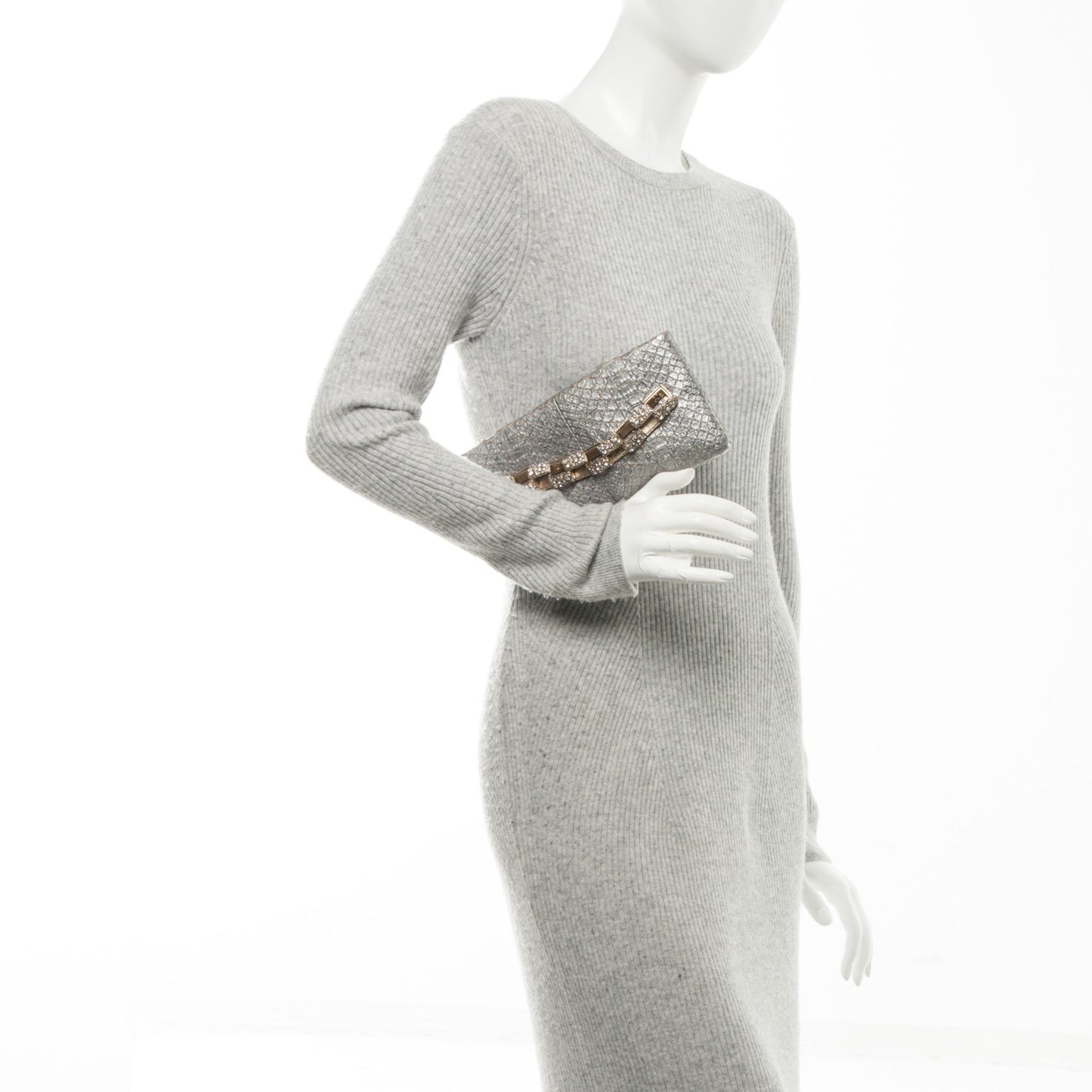 Metallic Python Crystal Paris Bombay Clutch Silver