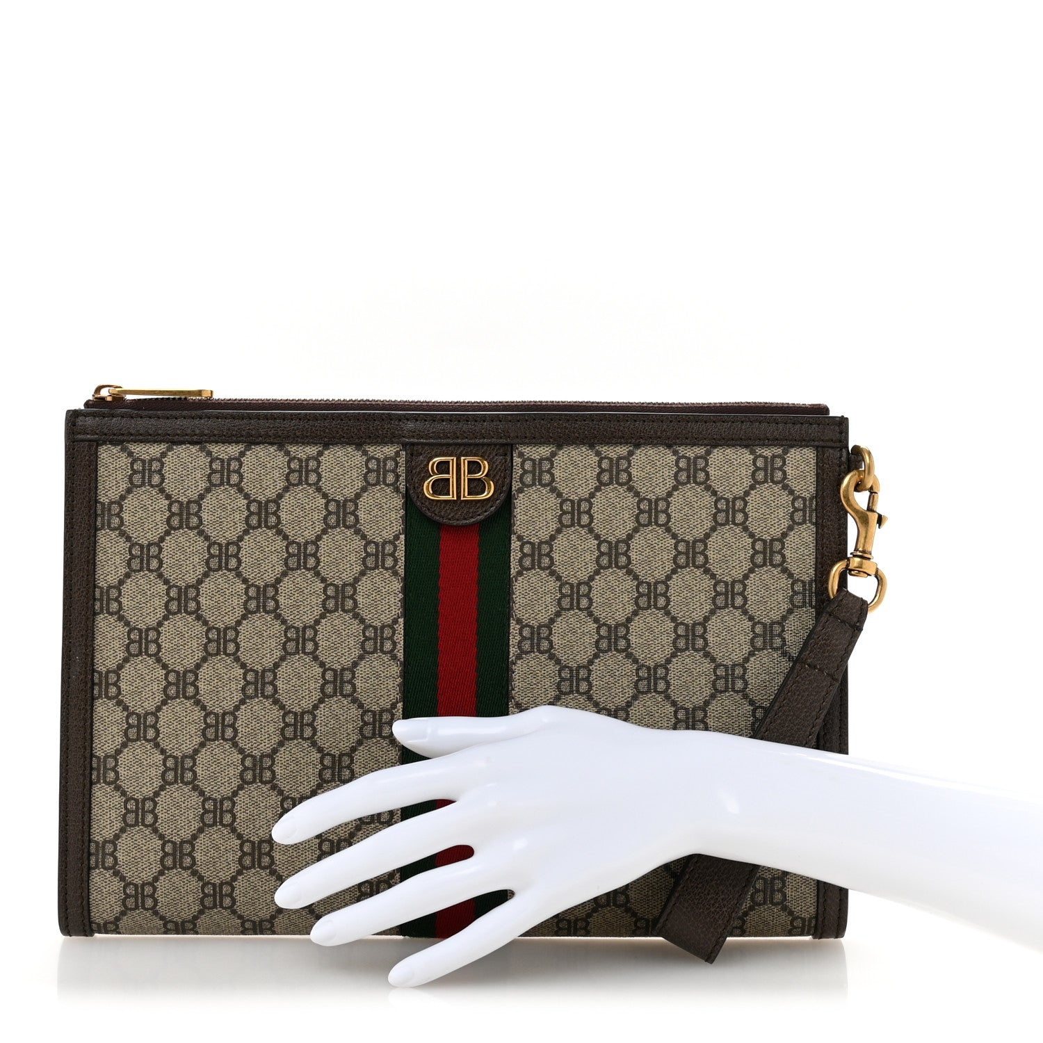 Gucci X BALENCIAGA BB Supreme Monogram Web Ophidia Wristlet Beige New Acero 2 of 9