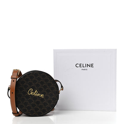 Celine Triomphe Canvas Embroidered Logo Round Purse On Strap Black Tan 9 of 9