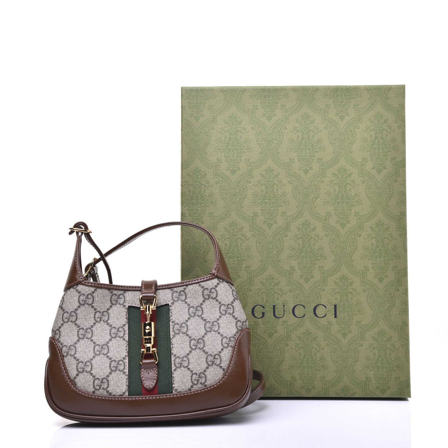 GG Supreme Monogram Azalea Calfskin Web Mini Jackie 1961 Hobo Beige Ebony Brown Sugar