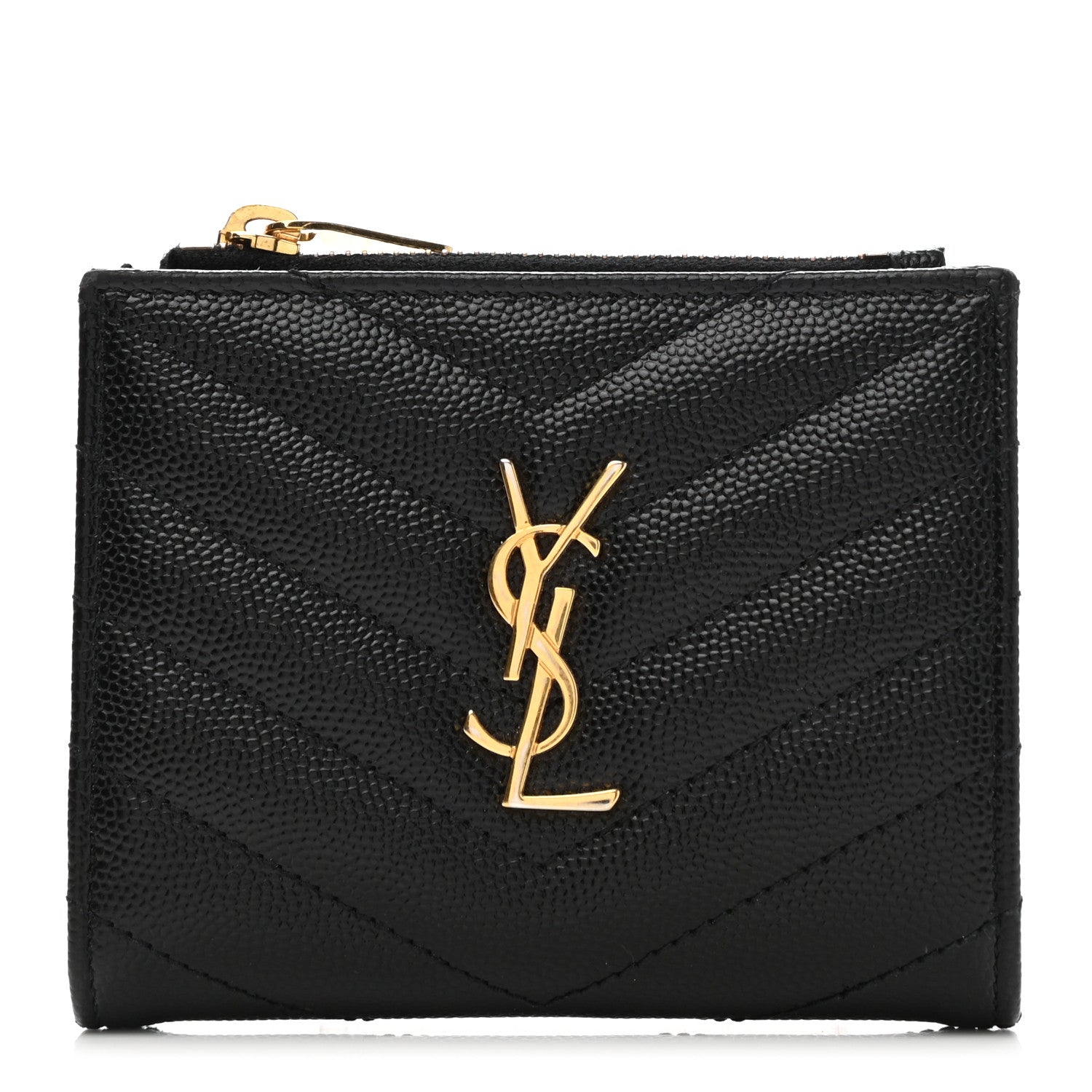 Saint Laurent Grain De Poudre Matelasse Chevron Monogram Zipped Card Case Black 1 of 6