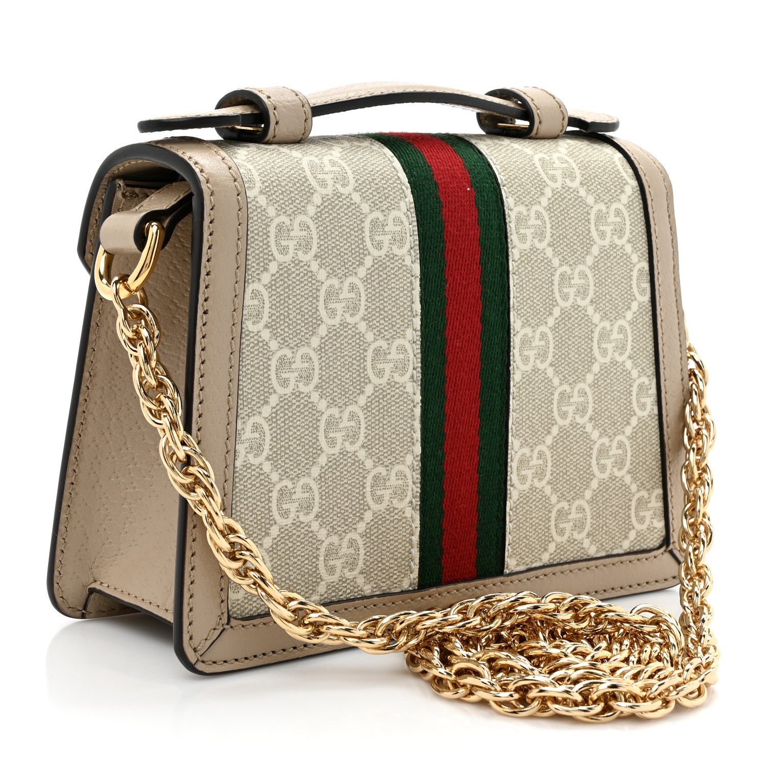 Gucci GG Supreme Monogram Textured Dollar Calfskin Web Mini Ophidia Padlock Top Handle Chain Shoulder Bag Beige Mystic White Oatmeal 3 of 13