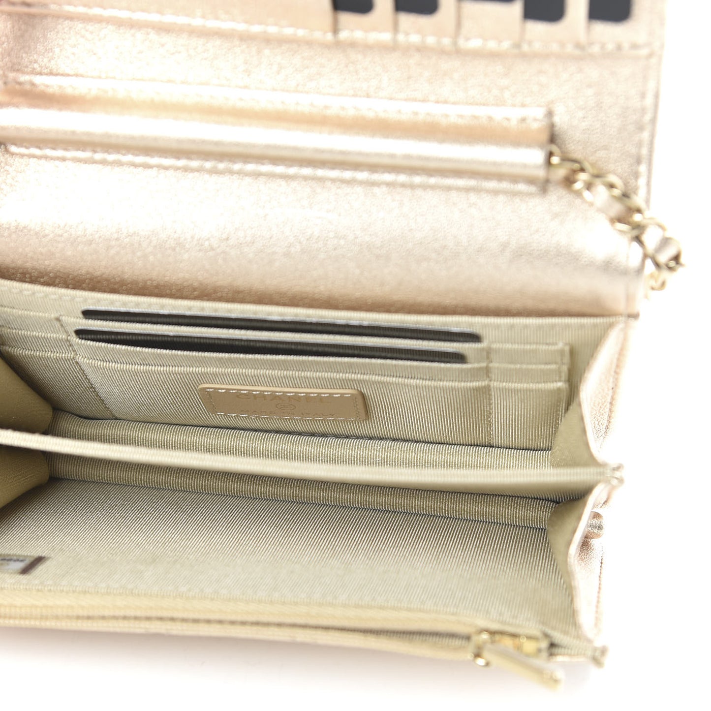 Metallic Lambskin Quilted Mini Wallet On Chain WOC Gold