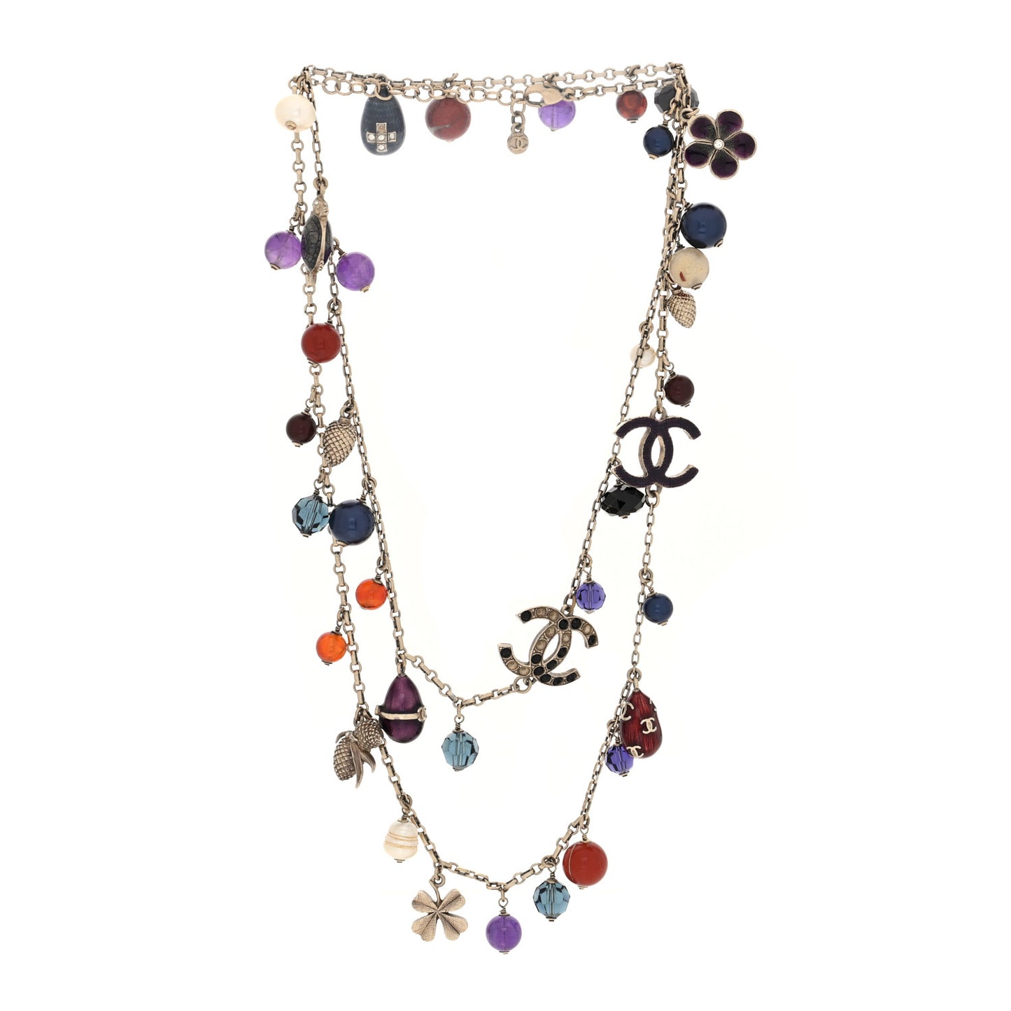 Beaded Charm CC Long Strand Necklace Silver Multicolor
