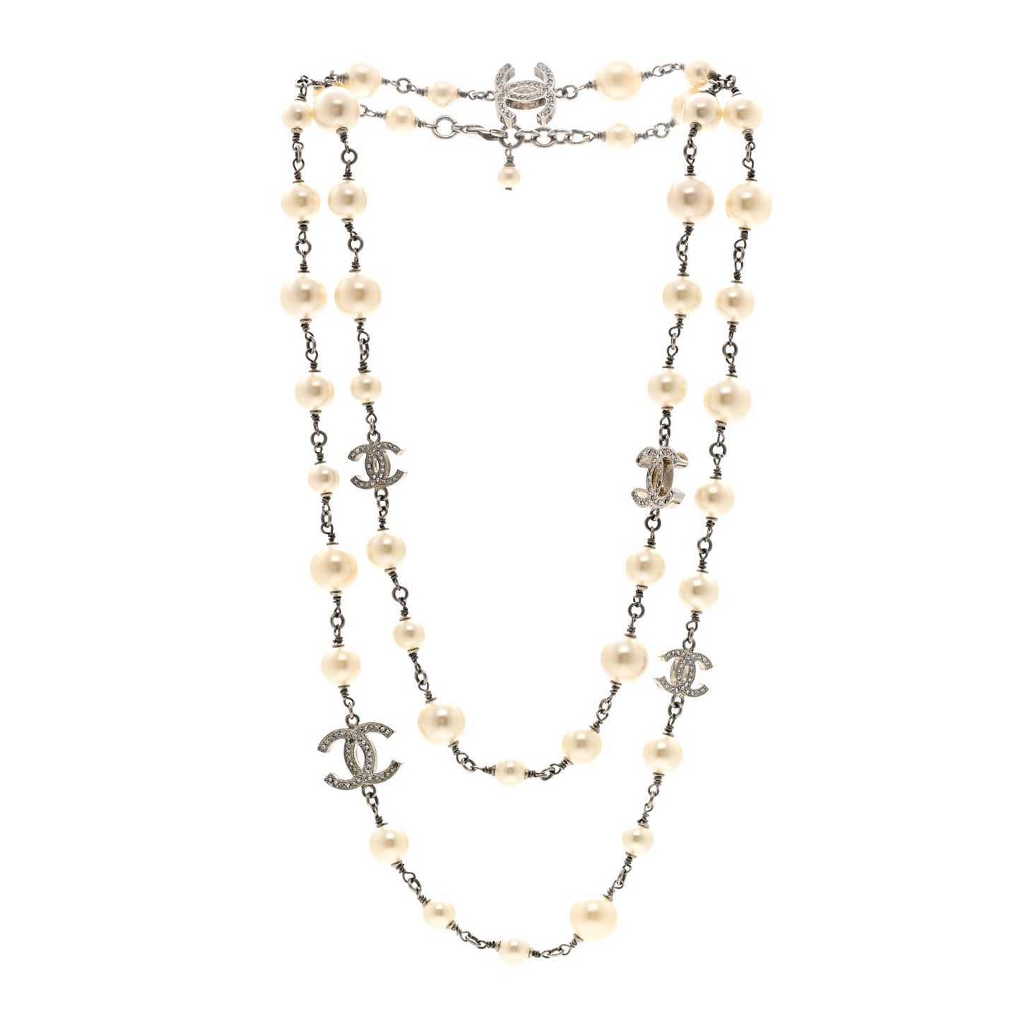 Crystal Pearl CC Long Necklace Silver
