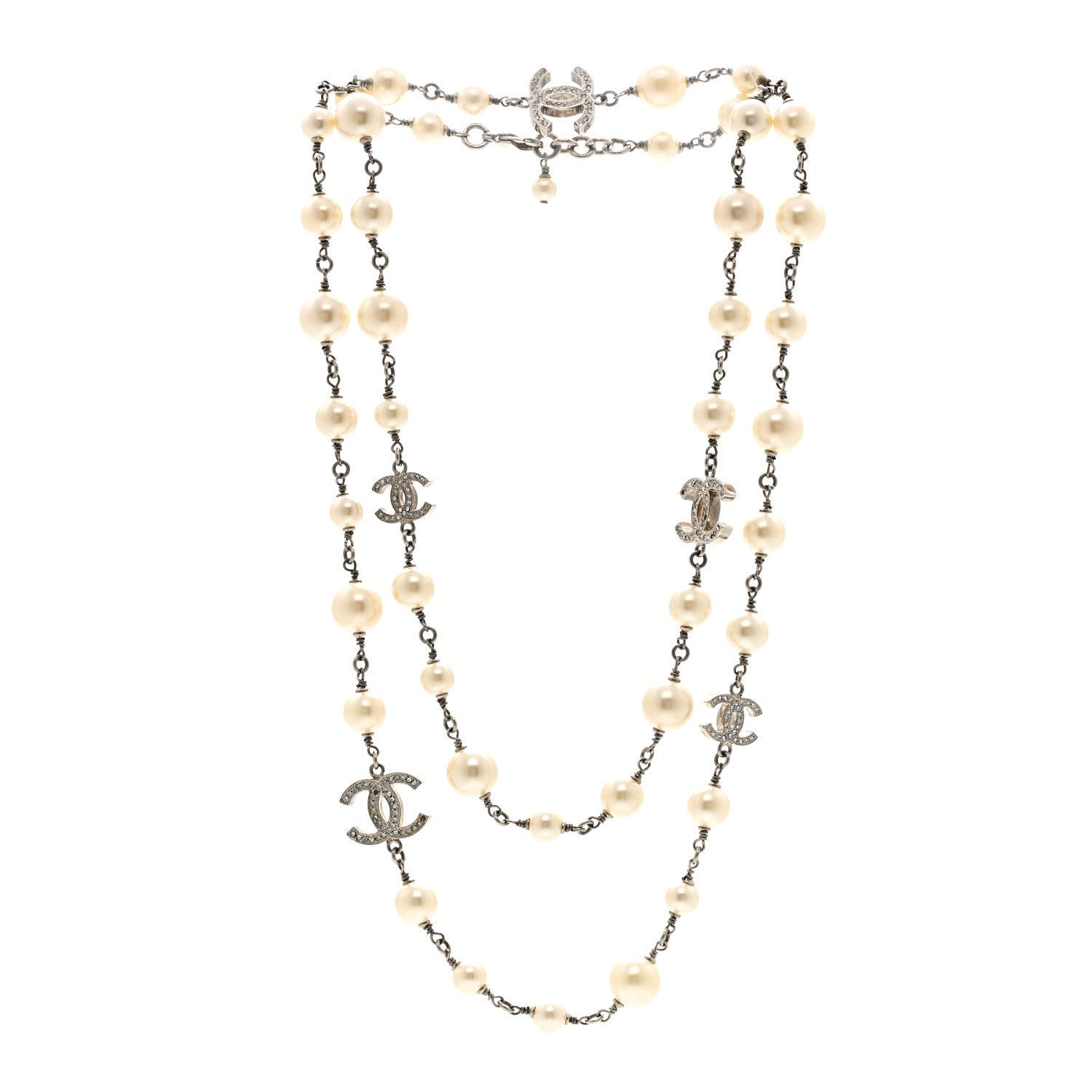 Chanel Crystal Pearl CC Long Necklace Silver 3 of 5