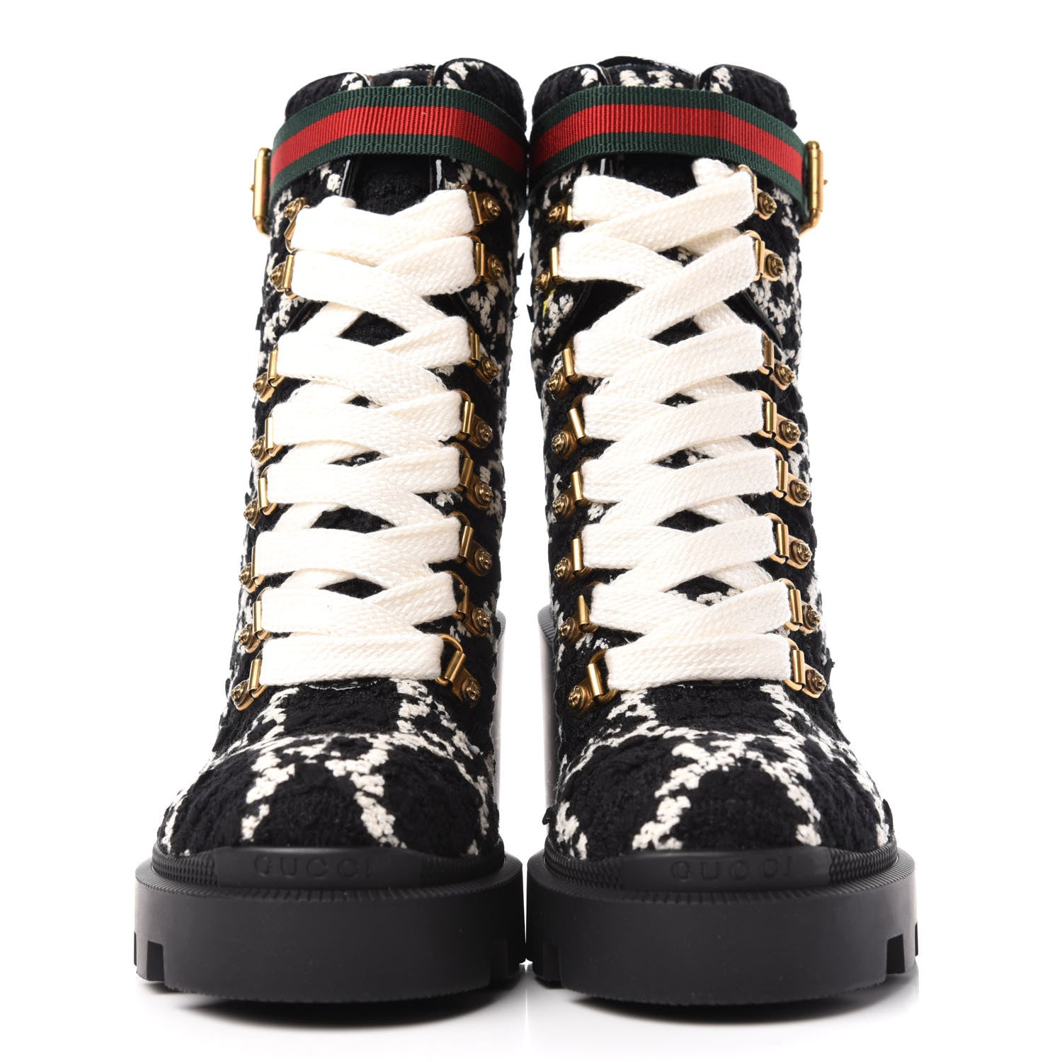 Gucci Tweed GG Monogram Lace Up Combat Ankle Boots 35 Black 2 of 11