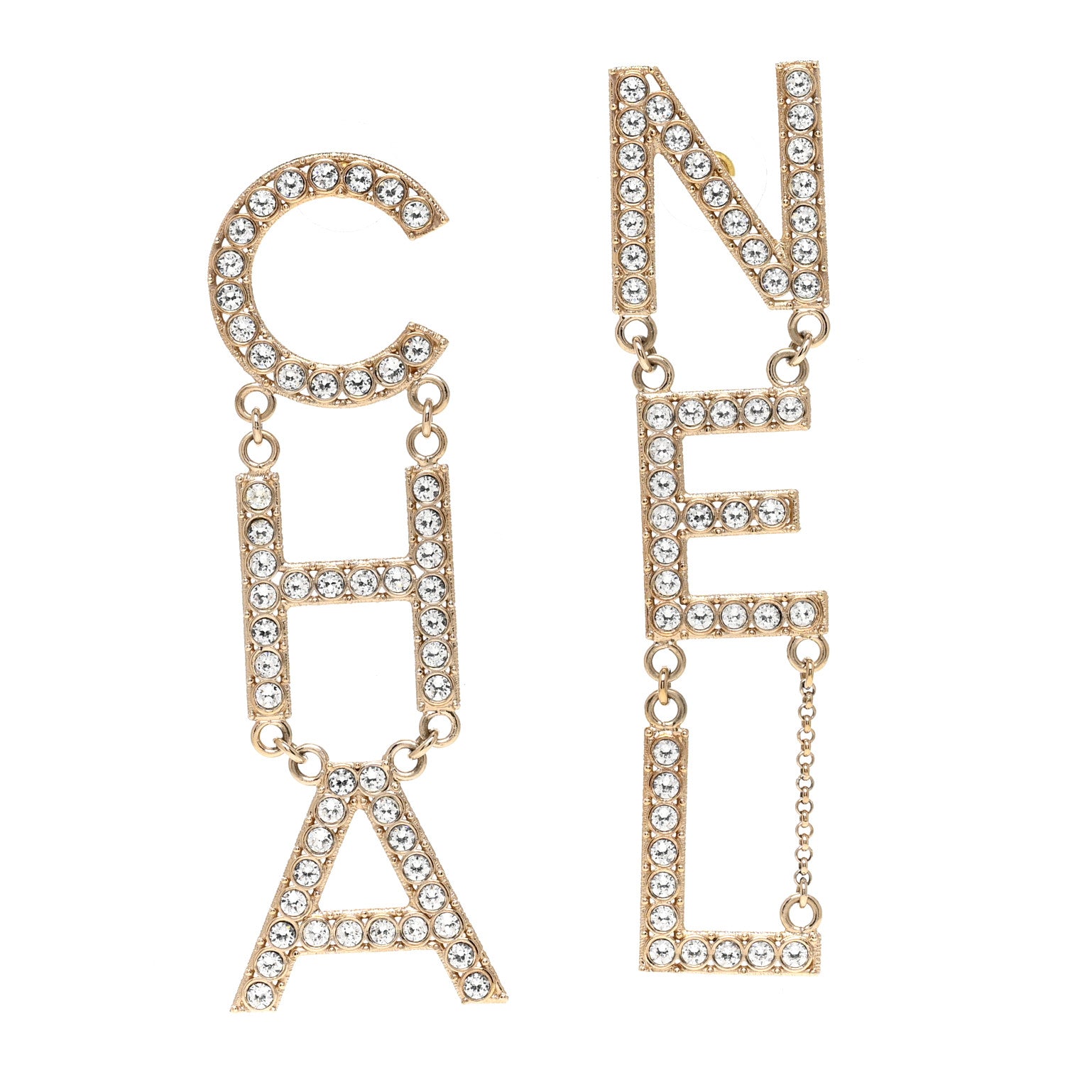 Chanel Crystal Cha-Nel Logo Drop Earrings Gold 1 of 4