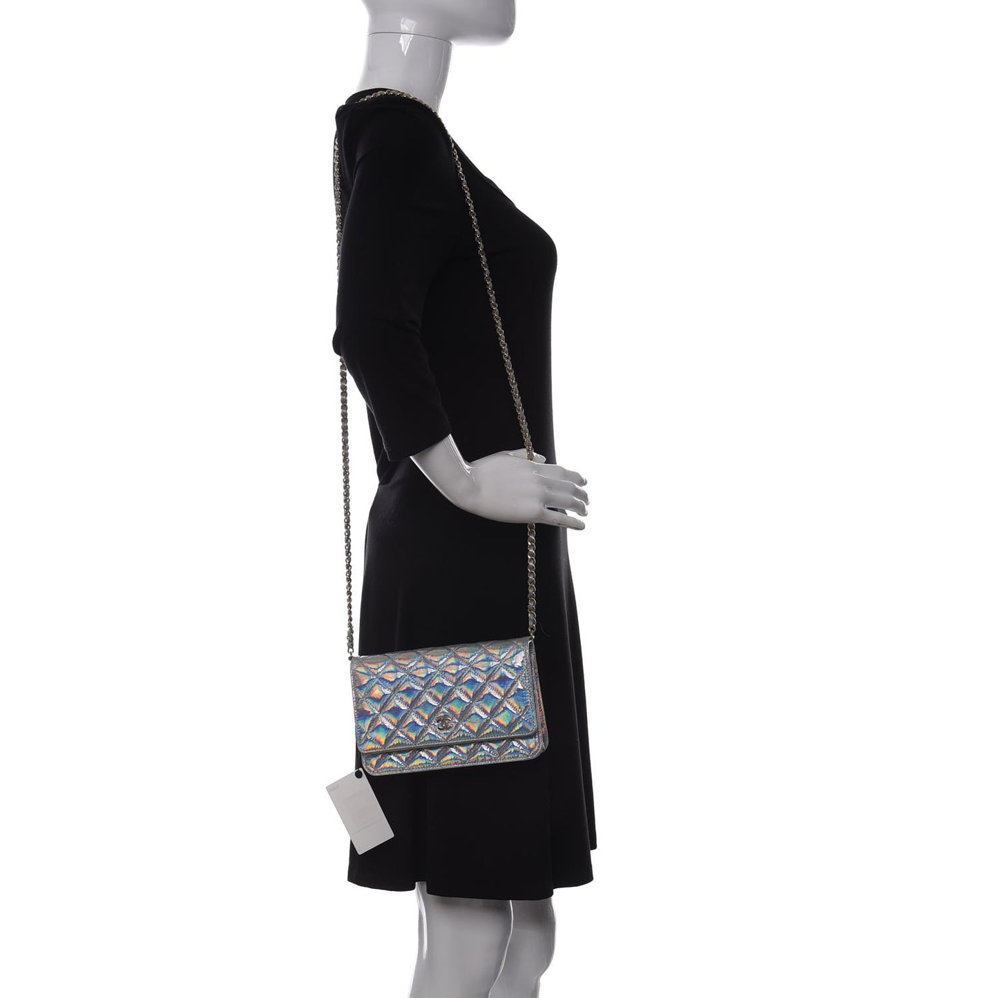 Iridescent Goatskin Quilted Wallet On Chain WOC Silver
