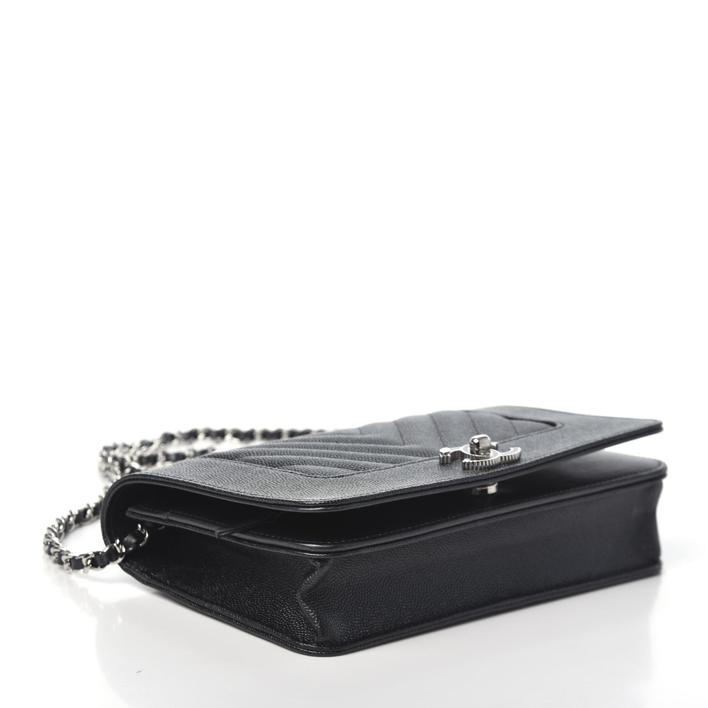 Caviar Chevron Quilted Vintage Mademoiselle Wallet On Chain WOC Charcoal